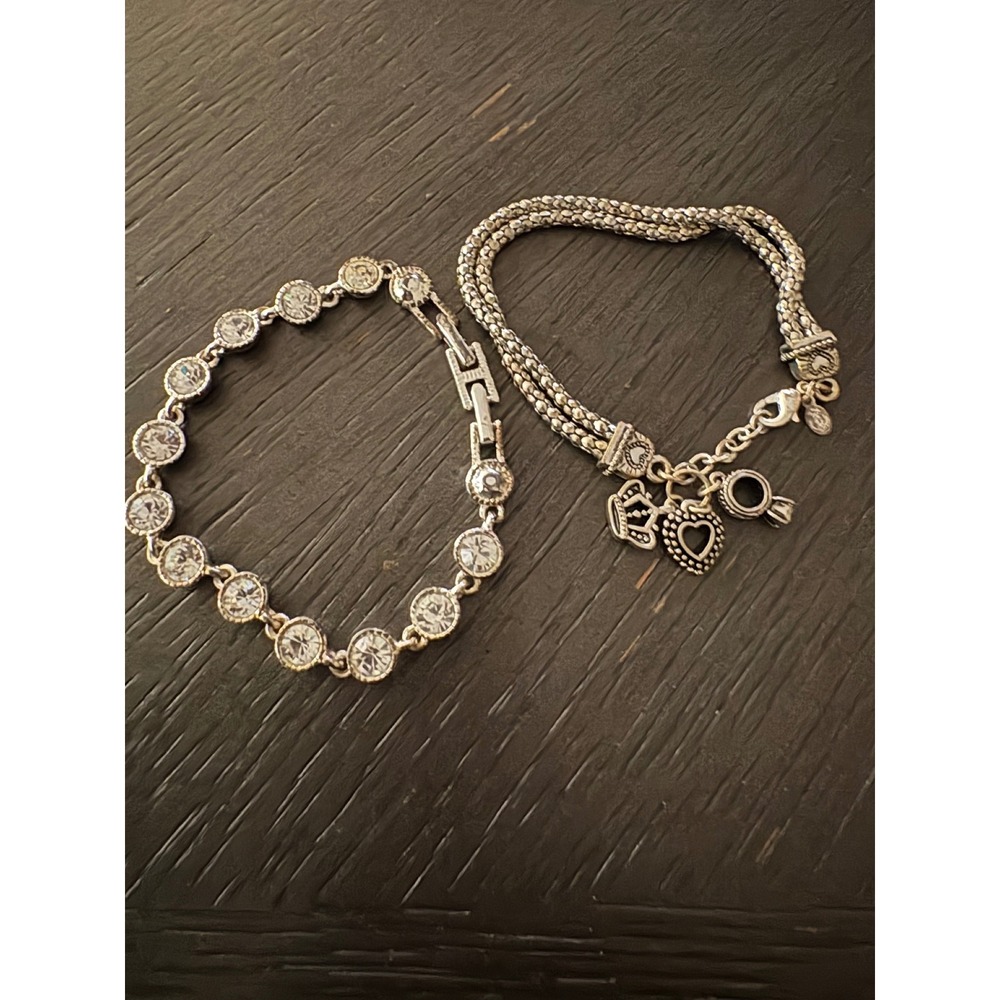 Silver Tone Bracelet Set Tennis Crystal and Multi Strand Charm Crown Heart Ring
